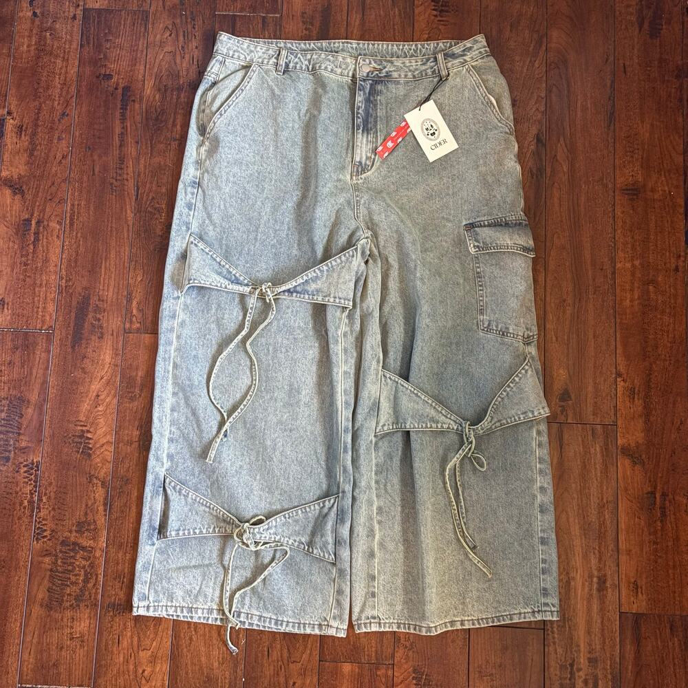 NWT Cider Denim Baggy Jeans Womens 2XL Blue Straps Bows Cargo Wide Leg